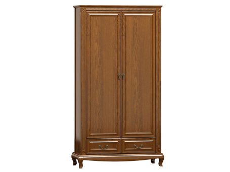 Wysoka szafa z drewnianymi frontami, rzeźbionymi detalami i eleganckimi uchwytami w stylu retro