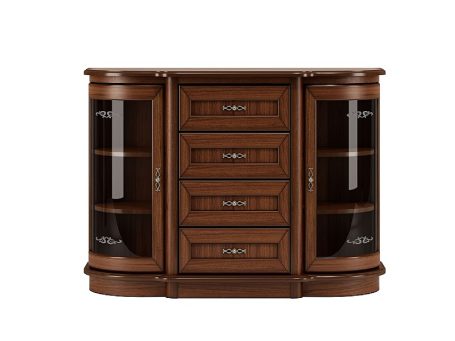 Drewniana komoda z szufladami i przeszklonymi drzwiami, styl klasyczny, ciemne drewno