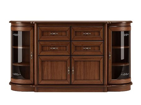 Drewniana komoda z szufladami i przeszklonymi drzwiami, styl klasyczny, ciemne drewno
