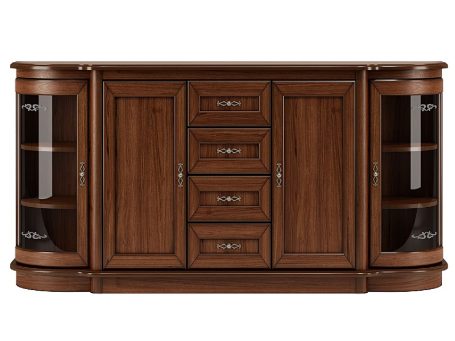 Drewniana komoda z szufladami i przeszklonymi drzwiami, styl klasyczny, ciemne drewno