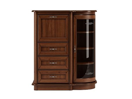 Drewniana witryna z szufladami i przeszklonymi drzwiami, styl klasyczny, ciemne drewno
