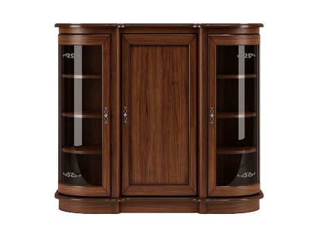 Drewniana witryna z przeszklonymi drzwiami i szufladami, styl klasyczny, ciemne drewno