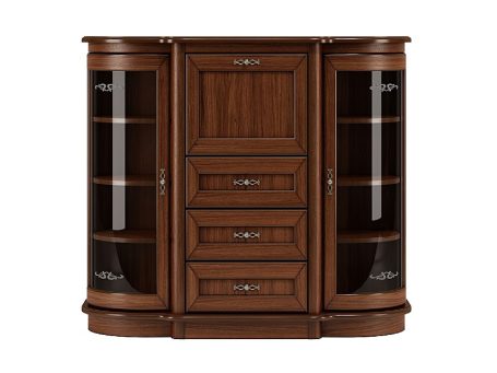 Drewniana duża komoda z barkiem i przeszkleniem po bokach