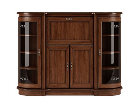 Drewniana duża komoda z barkiem i przeszkleniem po bokach