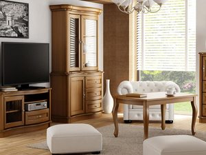 Miniaturka 6 - Drewniana witryna z rzeźbionymi detalami, przeszklonymi drzwiami i klasycznym wykończeniem do eleganckiego wnętrza