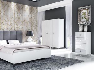 Miniaturka 2 - Nowoczesna sypialnia z białym tapicerowanym łóżkiem i pikowanym zagłówkiem, styl glamour