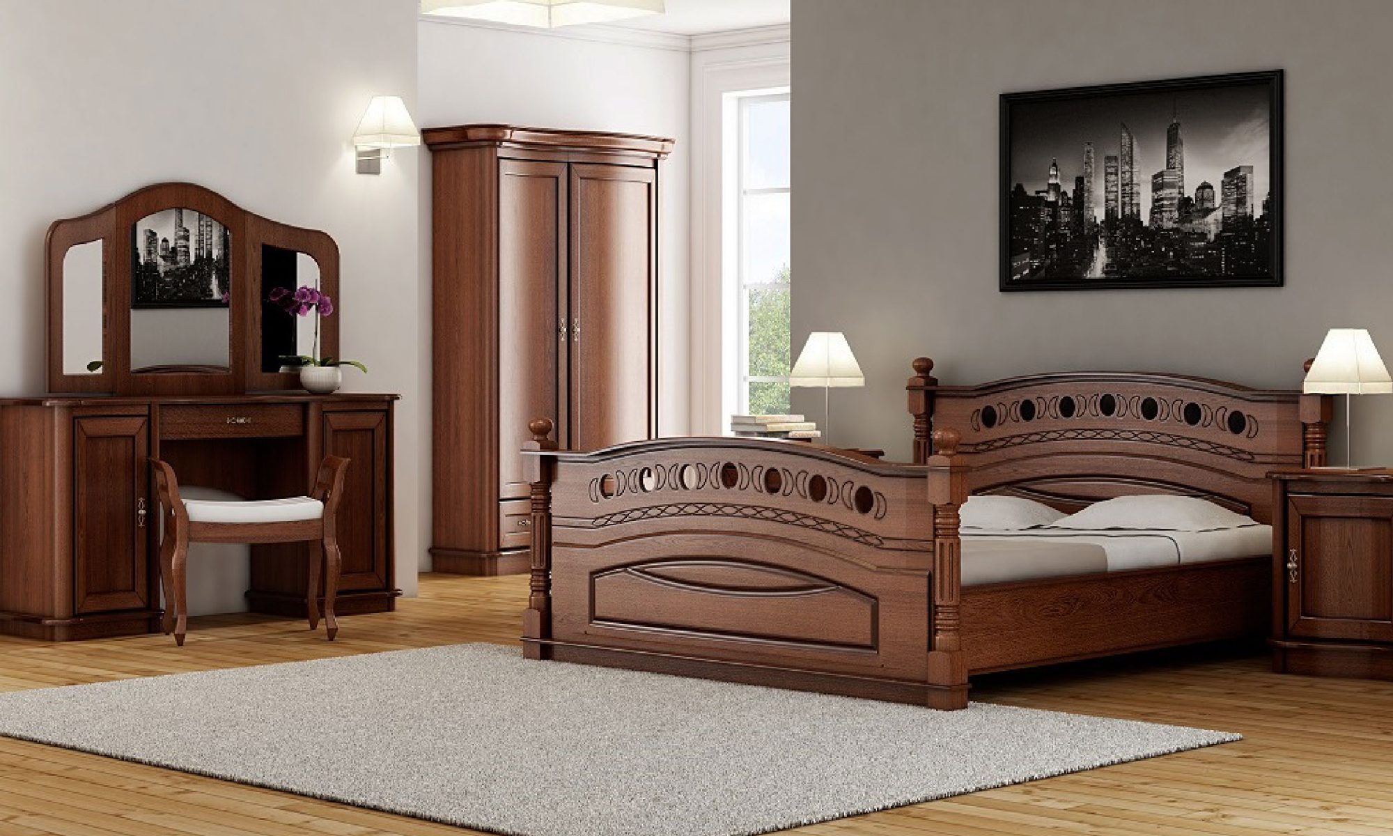 Klasyczna toaletka z lustrem, drewnianą ramą i rzeźbionymi detalami do eleganckiej sypialni