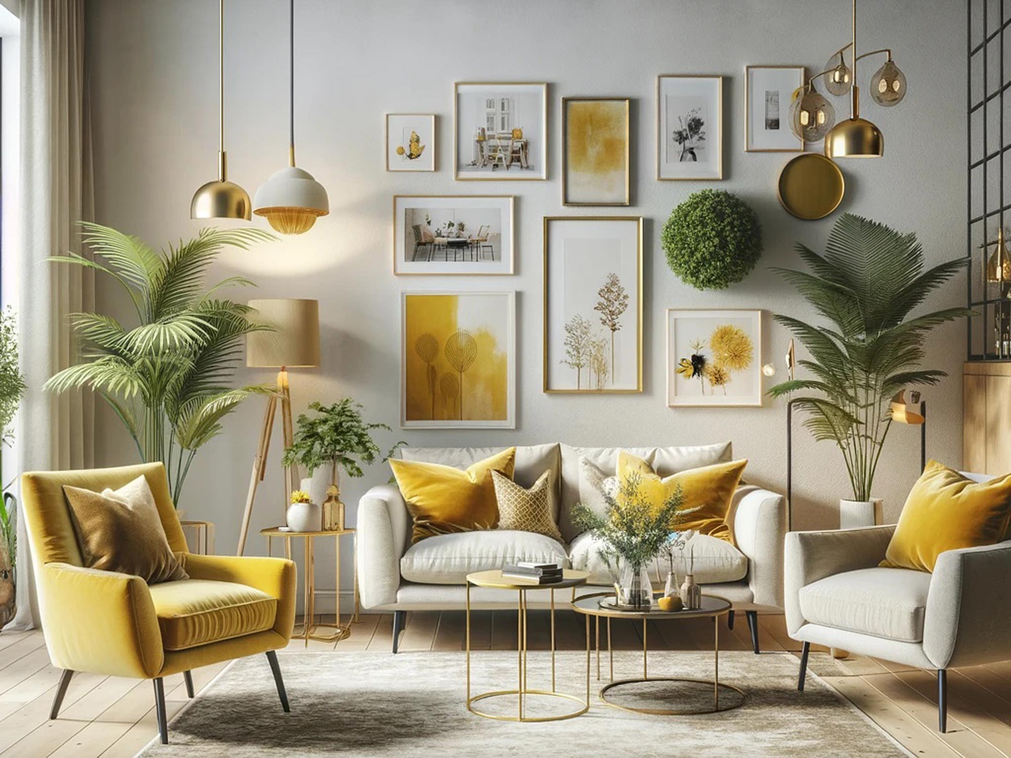 Jasny salon w stylu boho z tapicerowaną sofą