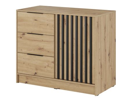 Komoda z drewnianymi frontami i czarnymi panelami, styl loftow