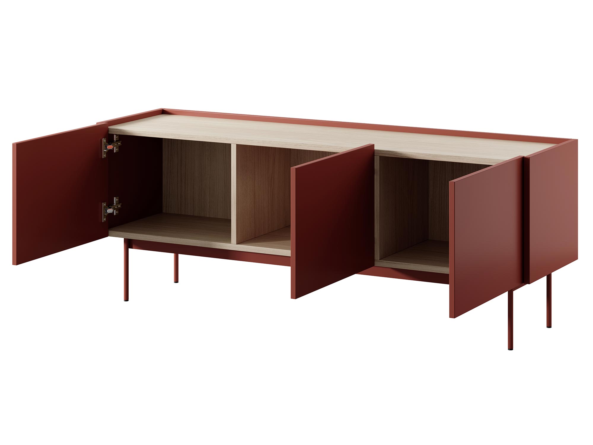 Szafka RTV w kolorze czerwonym i metalowymi nóżkami Szafka RTV w kolorze czerwonym i metalowymi nóżkami