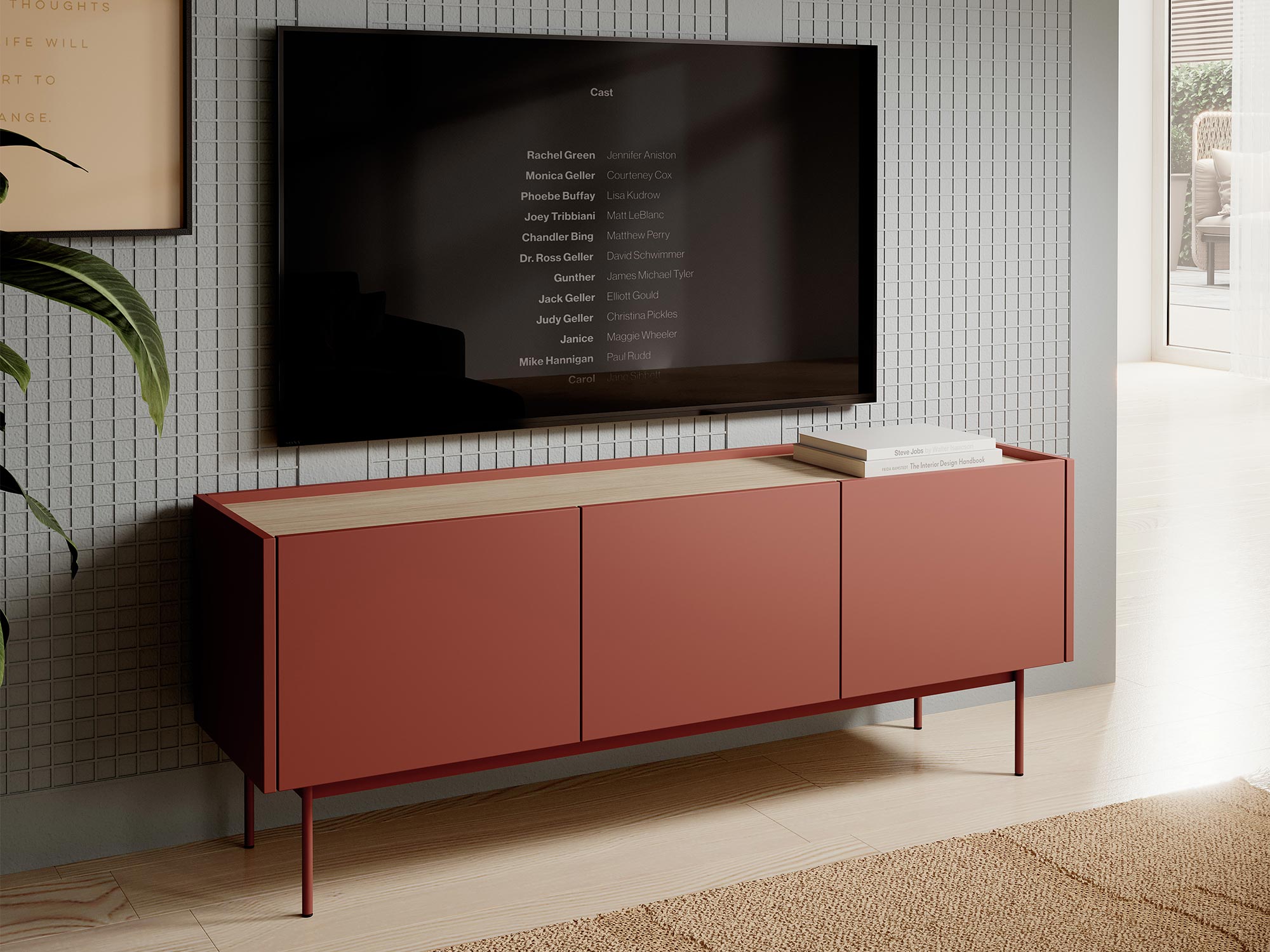 Aranżacja salonu z czerwoną szafką RTV Aranżacja salonu z czerwoną szafką RTV