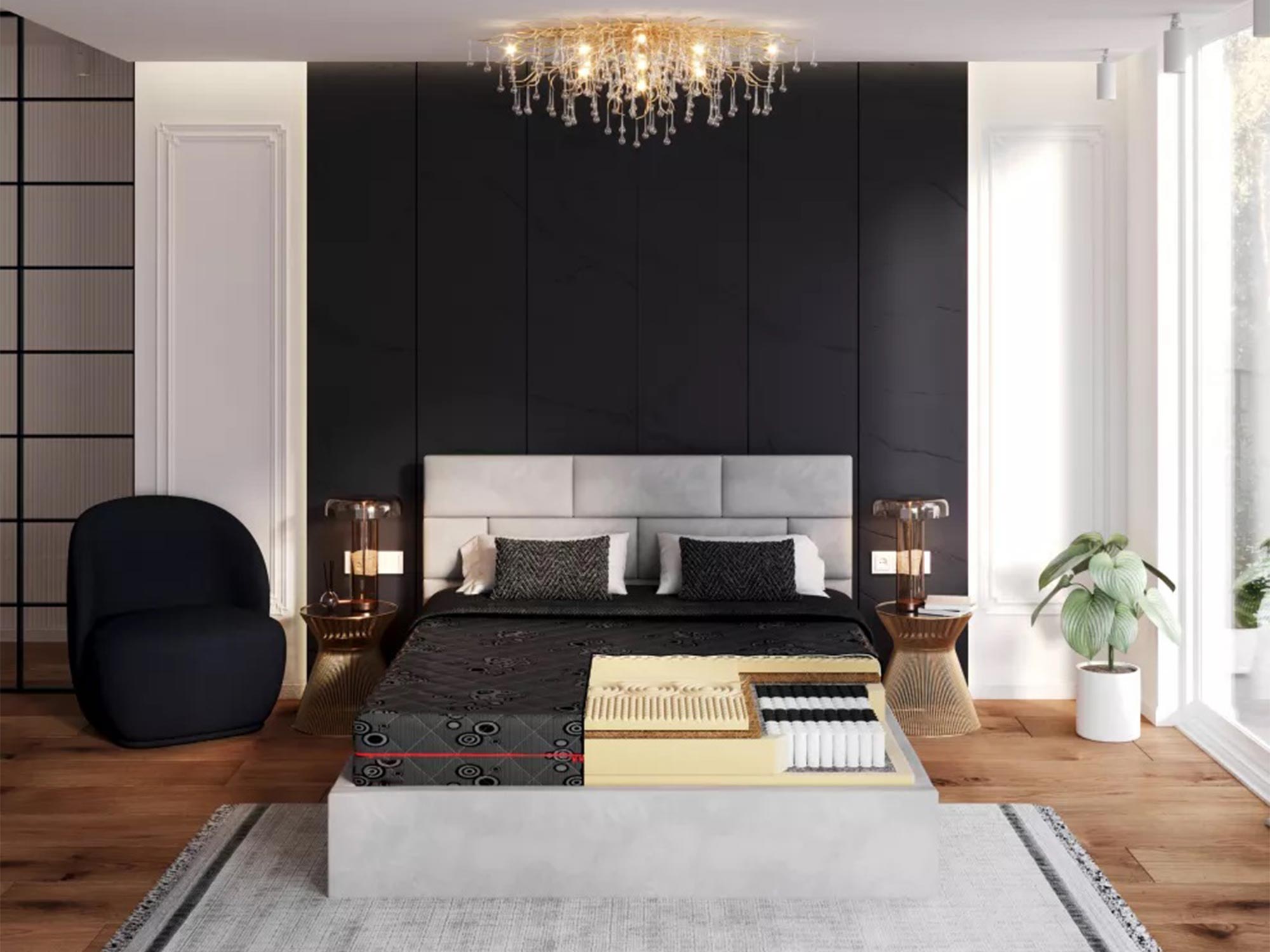 Luksusowe łóżko tapicerowane w kolorze szarym w sypialni