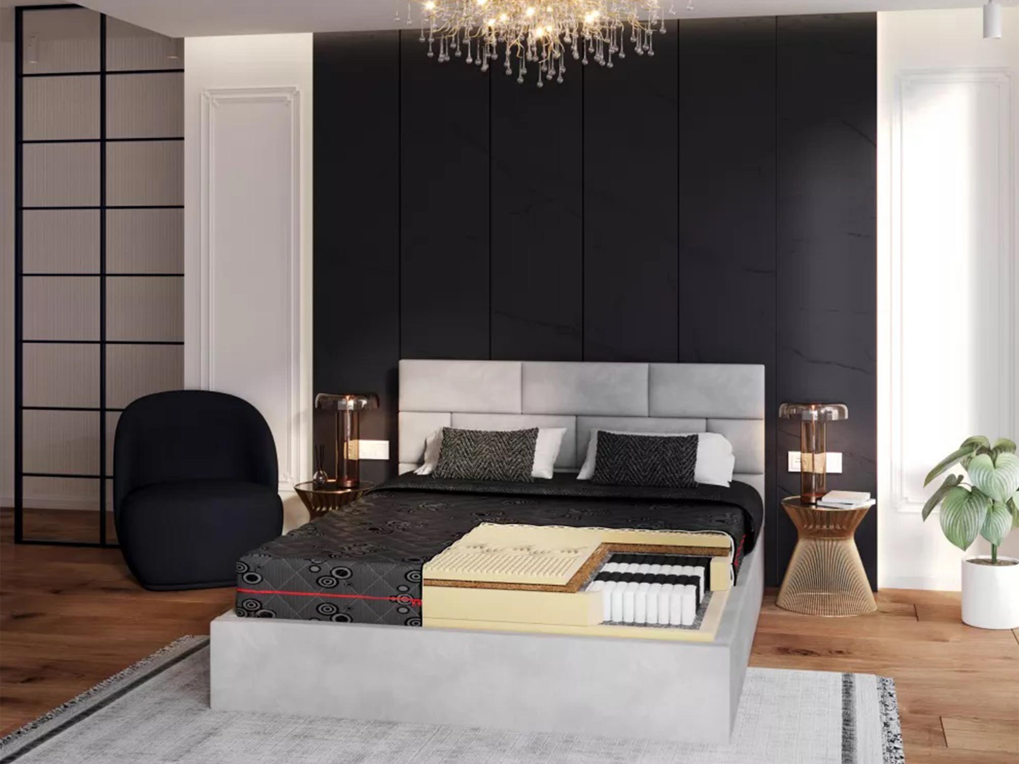 Nowoczesna sypialnia z designerskim łóżkiem tapicerowanym