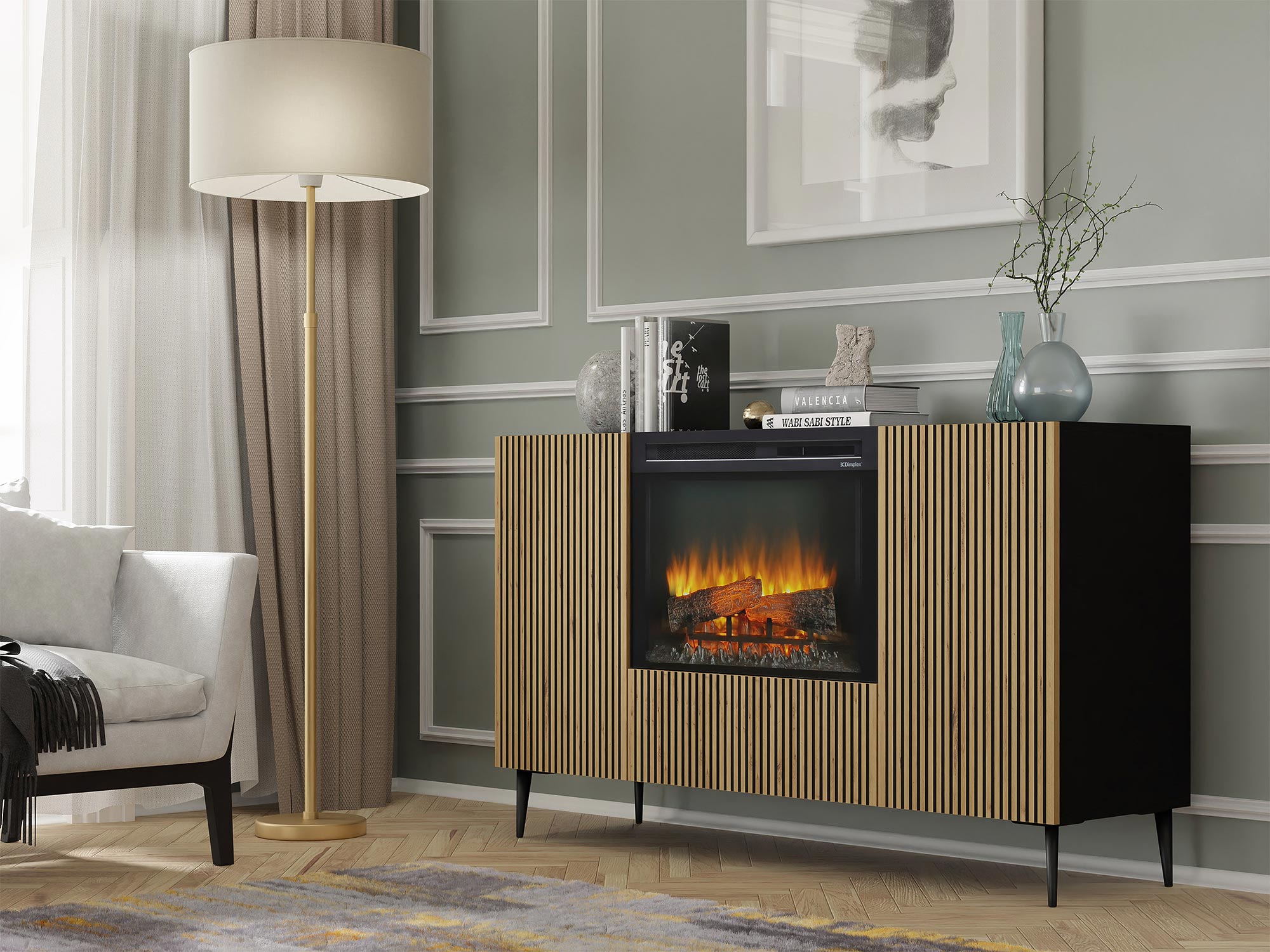 ARANZACJA_RAV-F-KOMINEK-KOM2D1K_CZARNY-ARTISAN_006Komoda z drewnianymi frontami i kominkiem, styl industrialny Komoda z drewnianymi frontami i kominkiem, styl industrialny