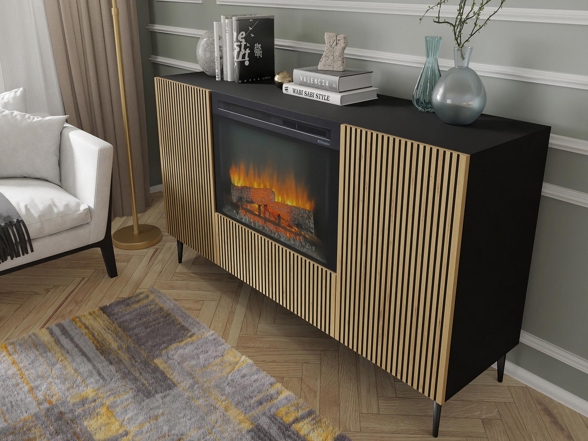 Szafka RTV z kominkiem i drewnianymi frontami, styl loftowy Szafka RTV z kominkiem i drewnianymi frontami, styl loftowy