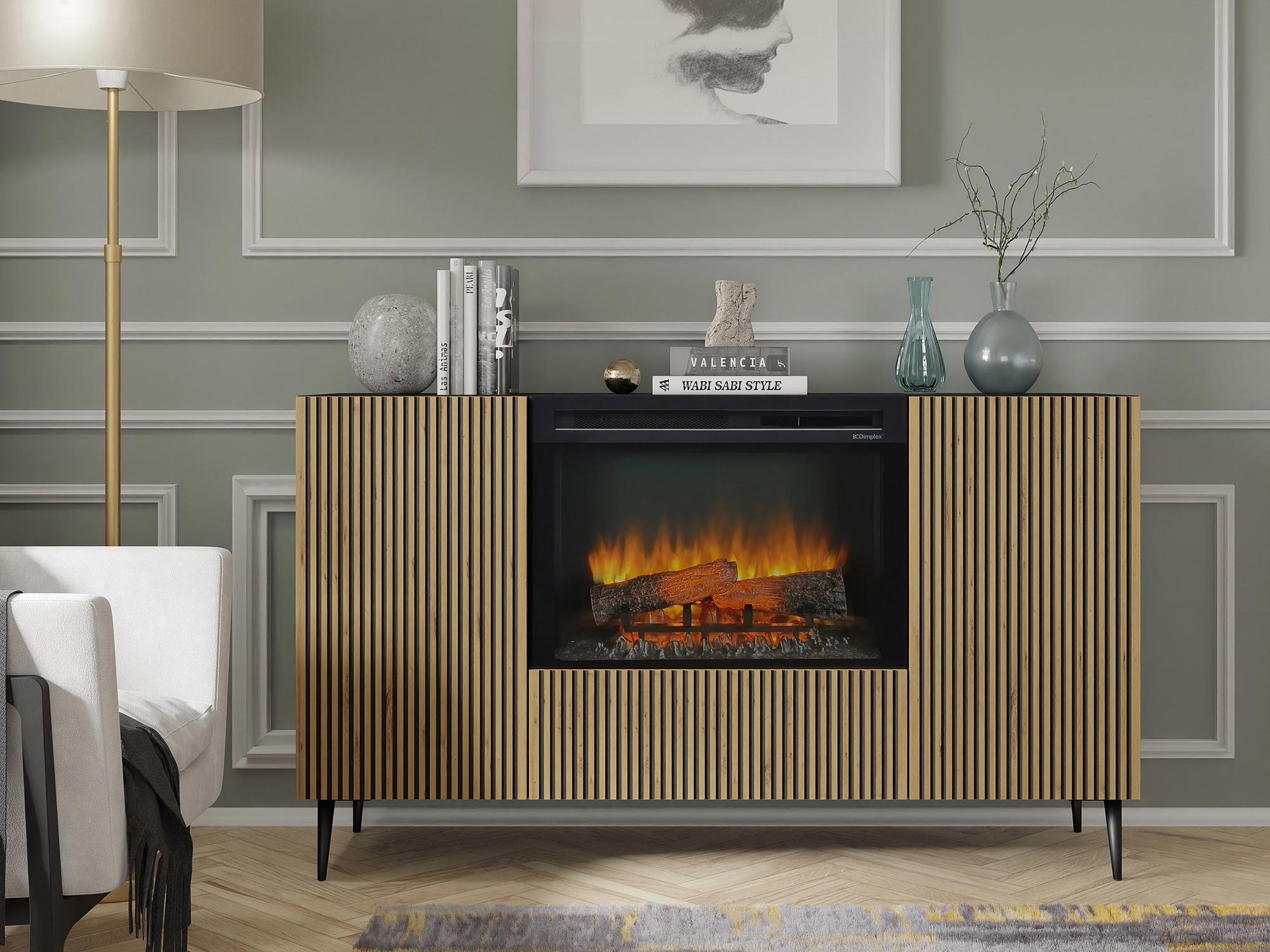 Szafka RTV z kominkiem i drewnianymi frontami, styl nowoczesny Szafka RTV z kominkiem i drewnianymi frontami, styl nowoczesny