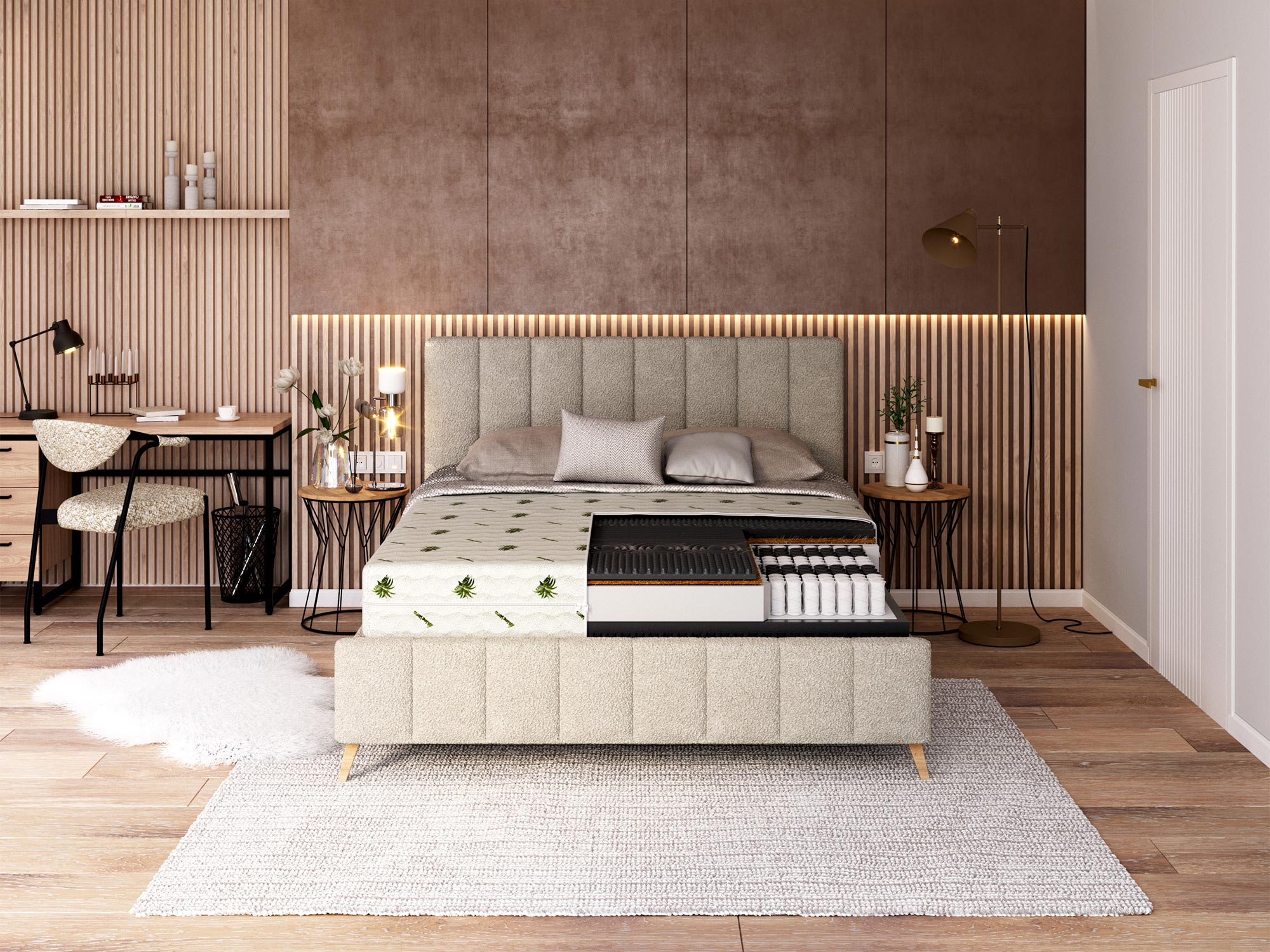 Przekrój materaca z pianką lateksową i sprężynami kieszeniowymi kolor biały i czarny