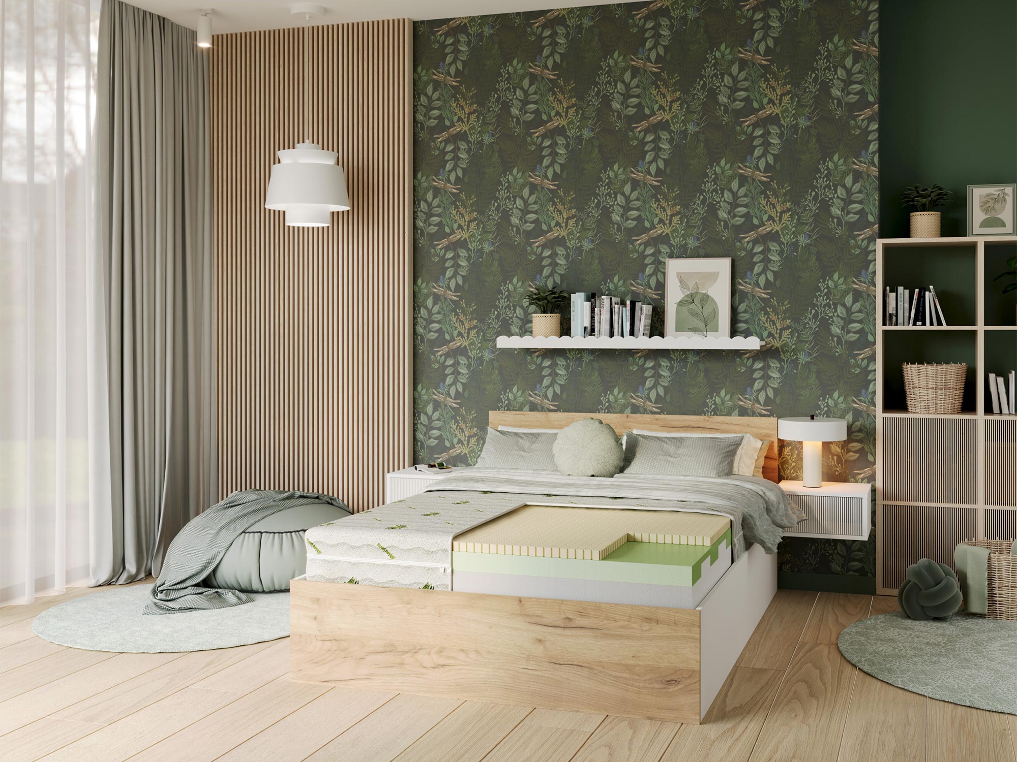 Nowoczesna sypialnia z łóżkiem tapicerowanym i pikowanym wezgłowiem kolor beżowy