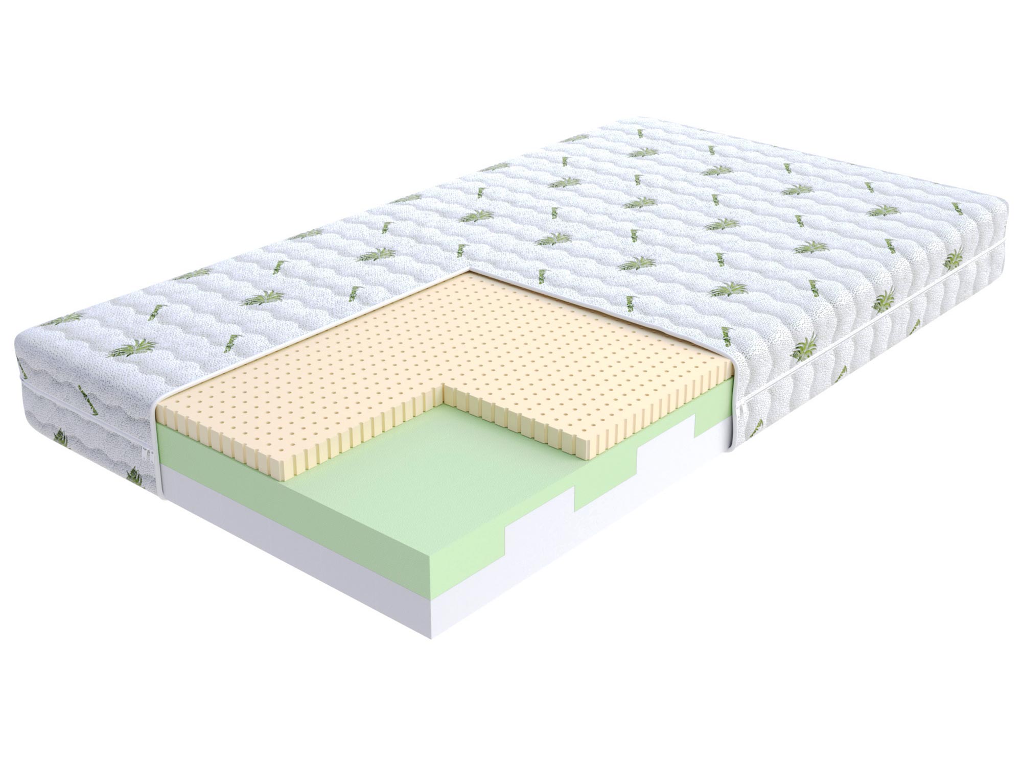 Przekrój materaca z pianką lateksową i sprężynami kieszeniowymi kolor biały i zielony