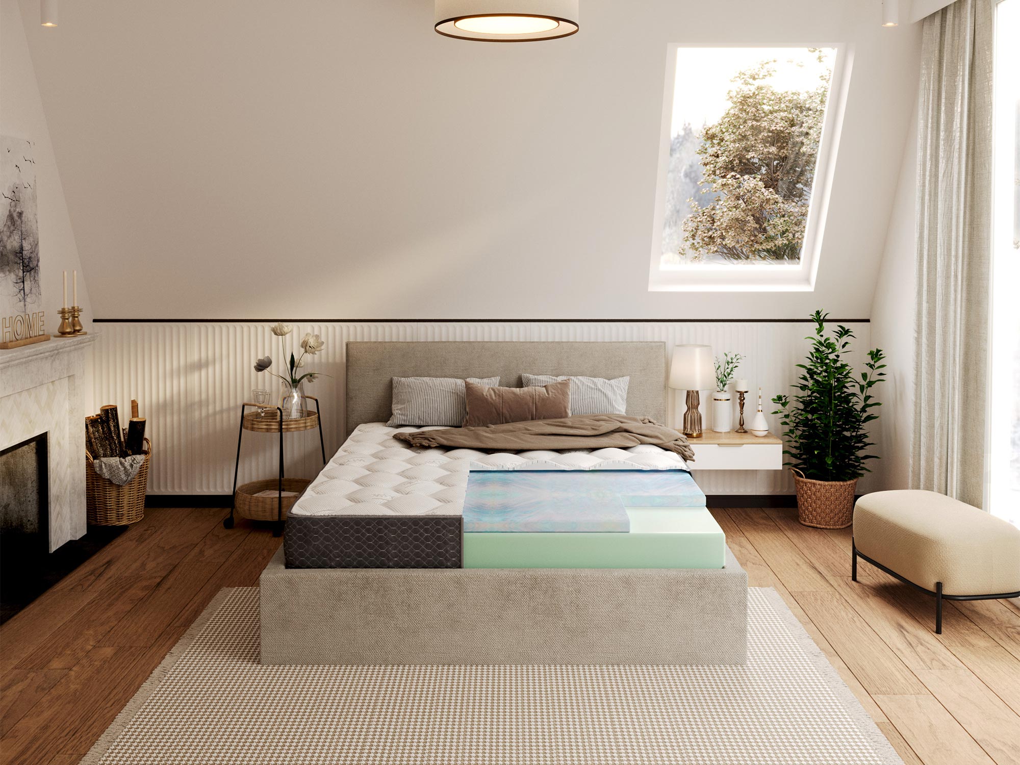 Detal materaca z pokrowcem z włóknami bambusa kolor biały