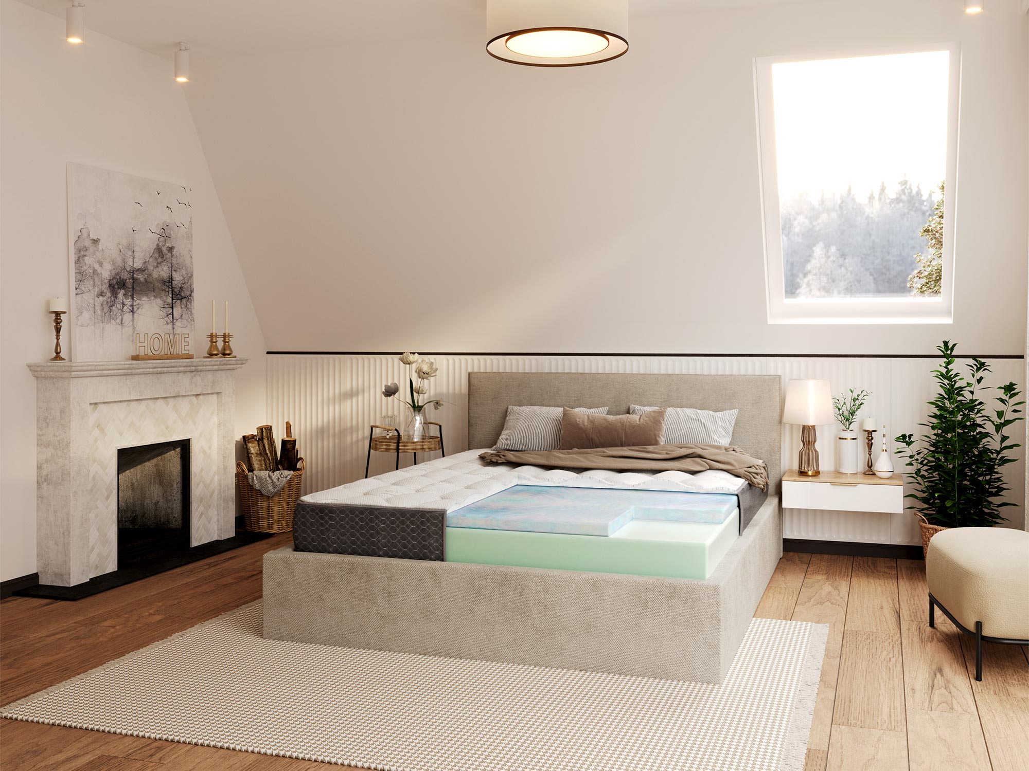 Przekrój materaca z pianką lateksową i sprężynami kieszeniowymi kolor biały i zielony