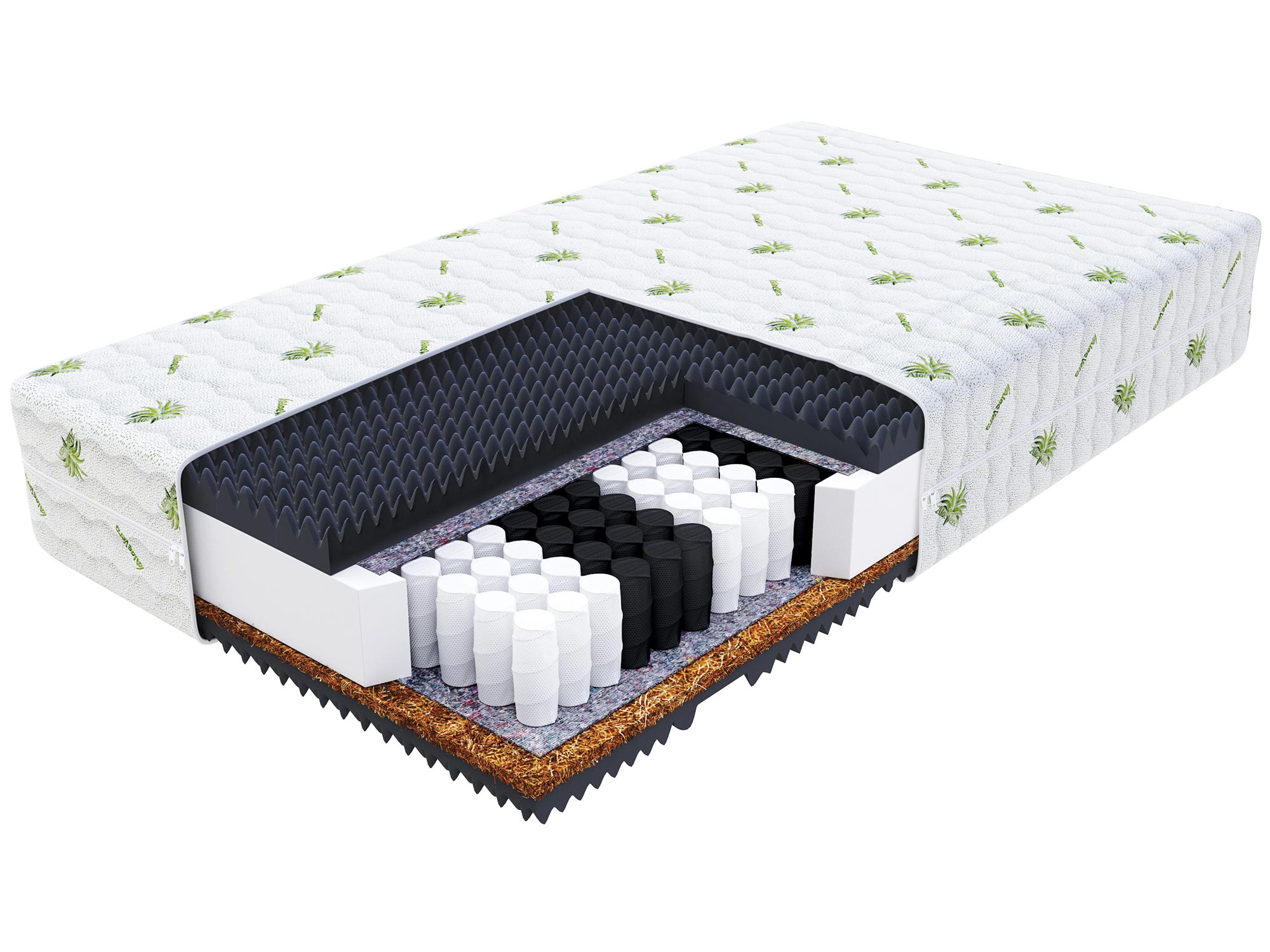 Przekrój materaca z pianką lateksową i sprężynami kieszeniowymi kolor biały i zielony