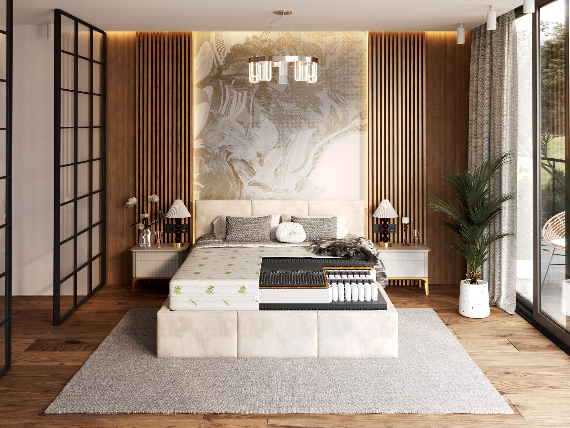 Nowoczesna sypialnia z łóżkiem tapicerowanym i przekrojem materaca