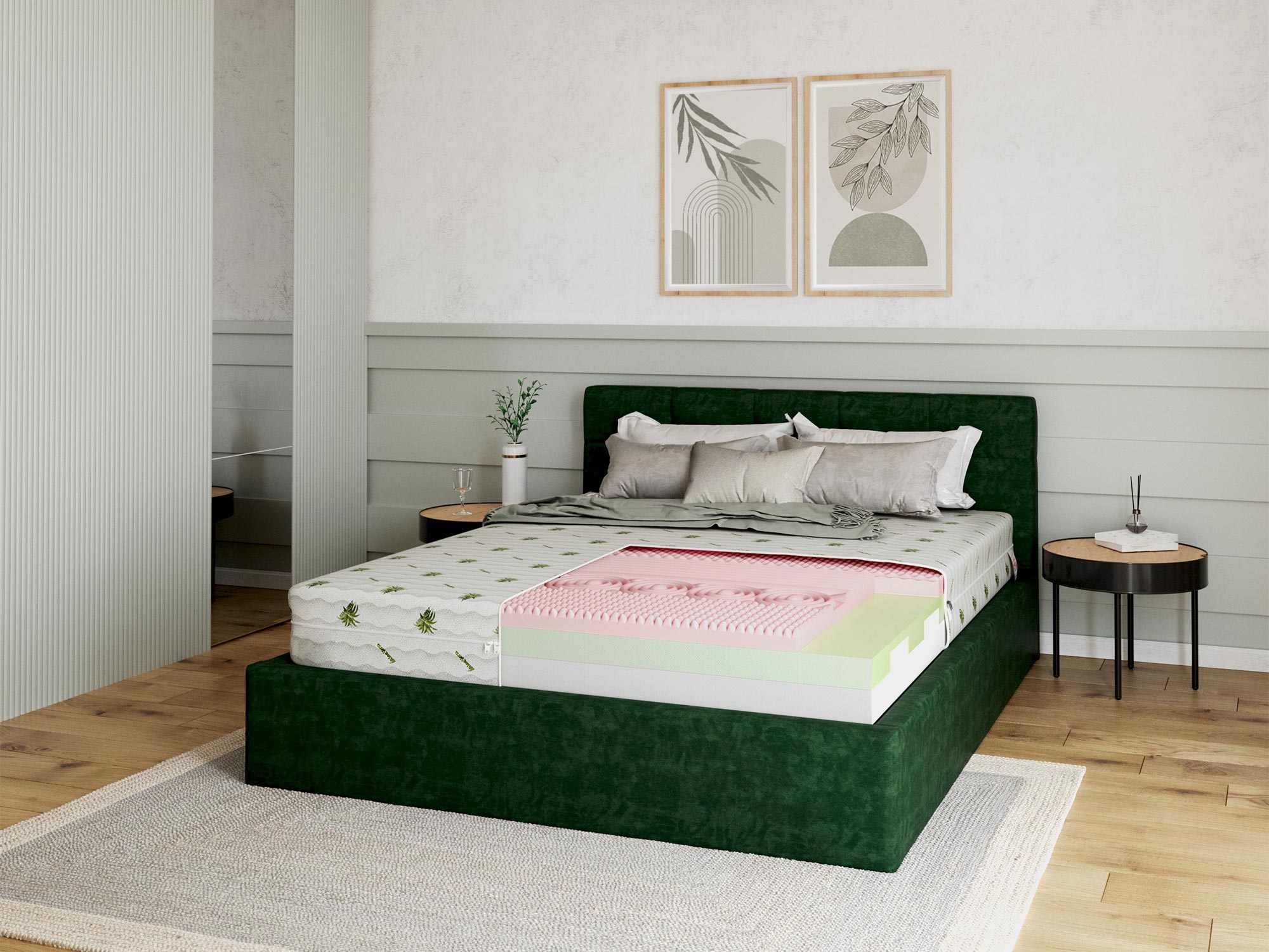 Nowoczesna sypialnia z łóżkiem tapicerowanym i pikowanym wezgłowiem kolor zielony