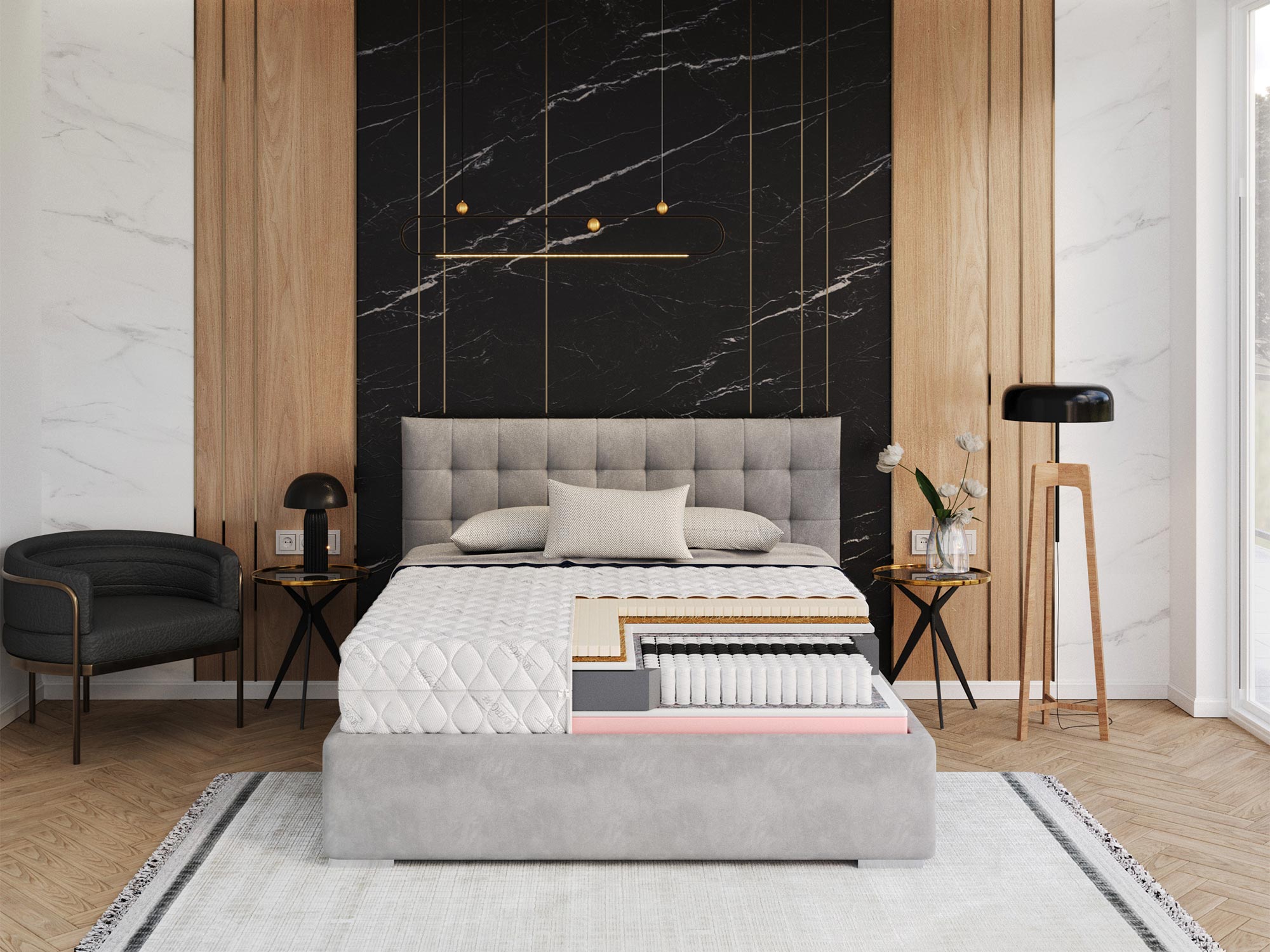 Przekrój materaca z pianką lateksową i sprężynami kieszeniowymi kolor biały i różowy Przekrój materaca z pianką lateksową i sprężynami kieszeniowymi kolor biały i różowy