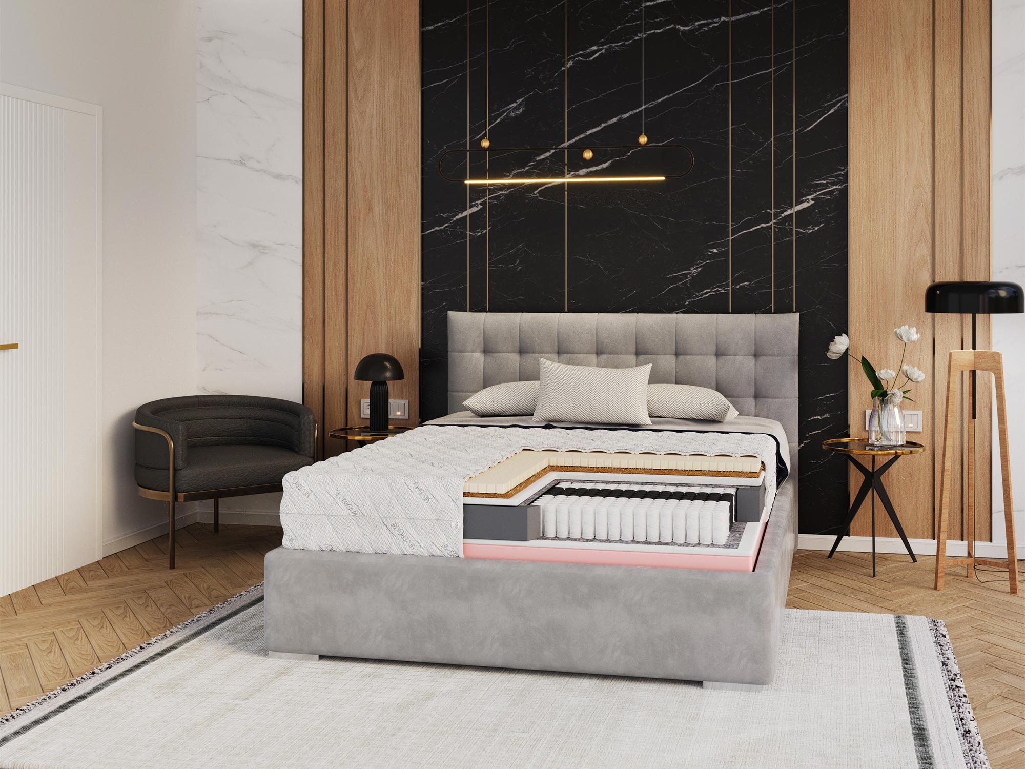 Przekrój materaca w nowoczesnej sypialni Przekrój materaca w nowoczesnej sypialni