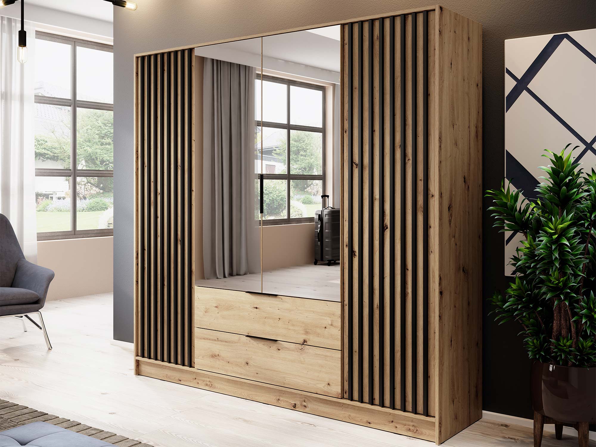 Dřevěná šatní skříň z lustrami, dub masivního dřeva, styl moderní