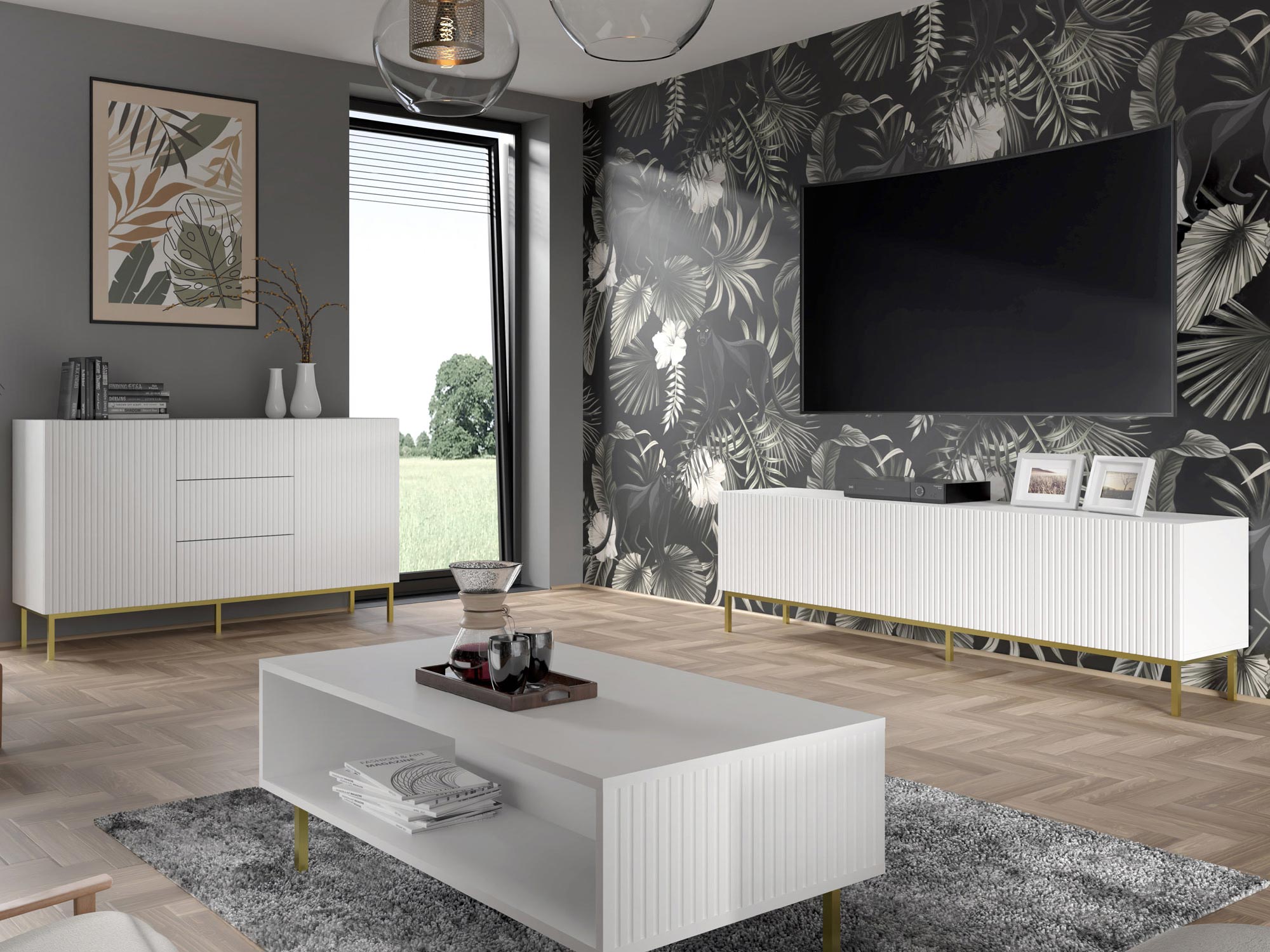 Zestaw mebli zawierający stolik kawowy, szafkę RTV oraz komodę ze złotymi nóżkami