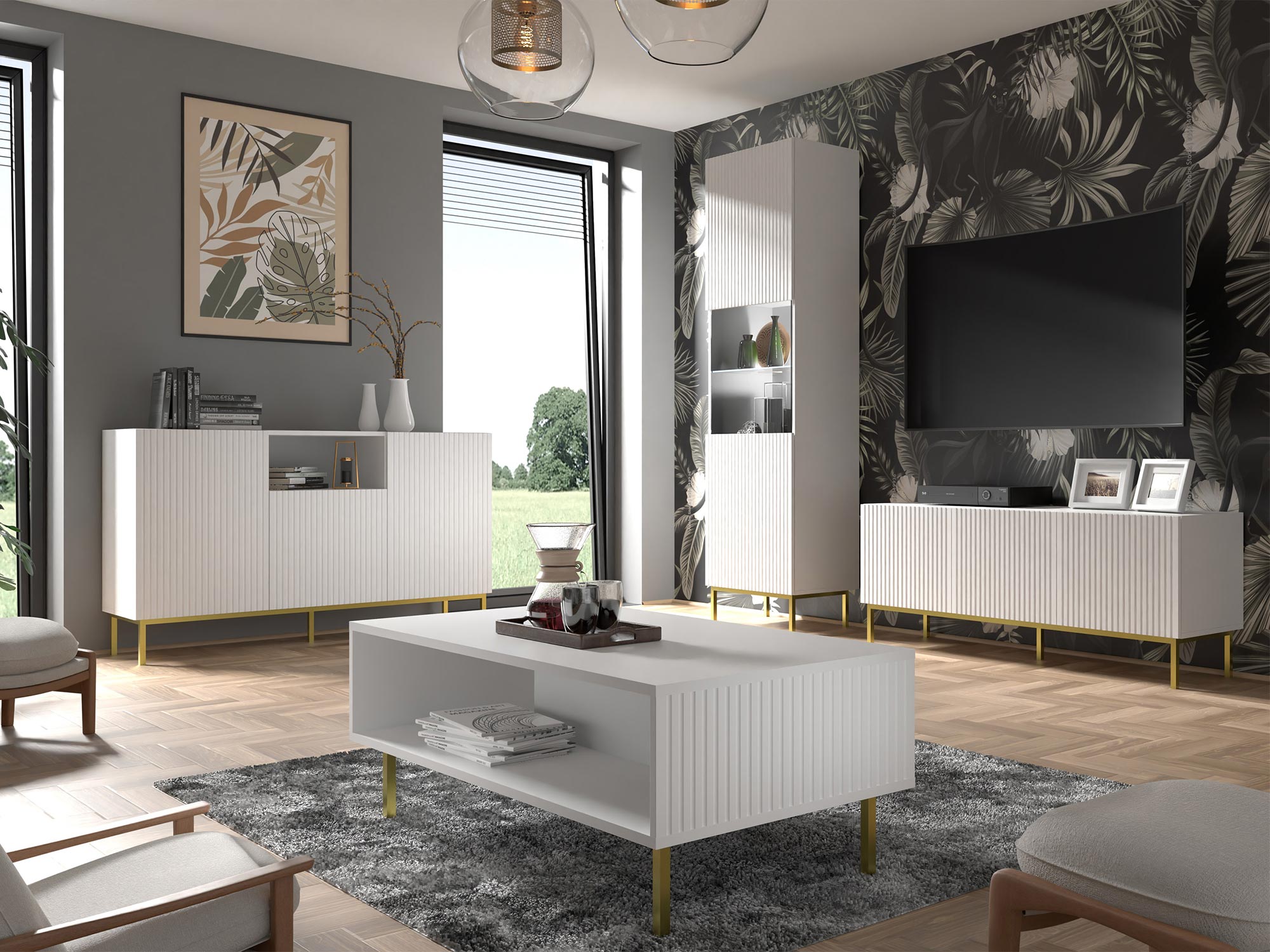 Nowoczesna biała ława z pionowymi listwami, złote nóżki, styl glamour