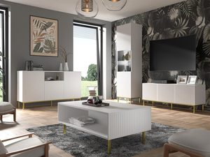 Miniatura 7 - Obývací pokoj ve stylu glamour s bílou TV skříňkou a dekoracemi, aranžmá interiéru