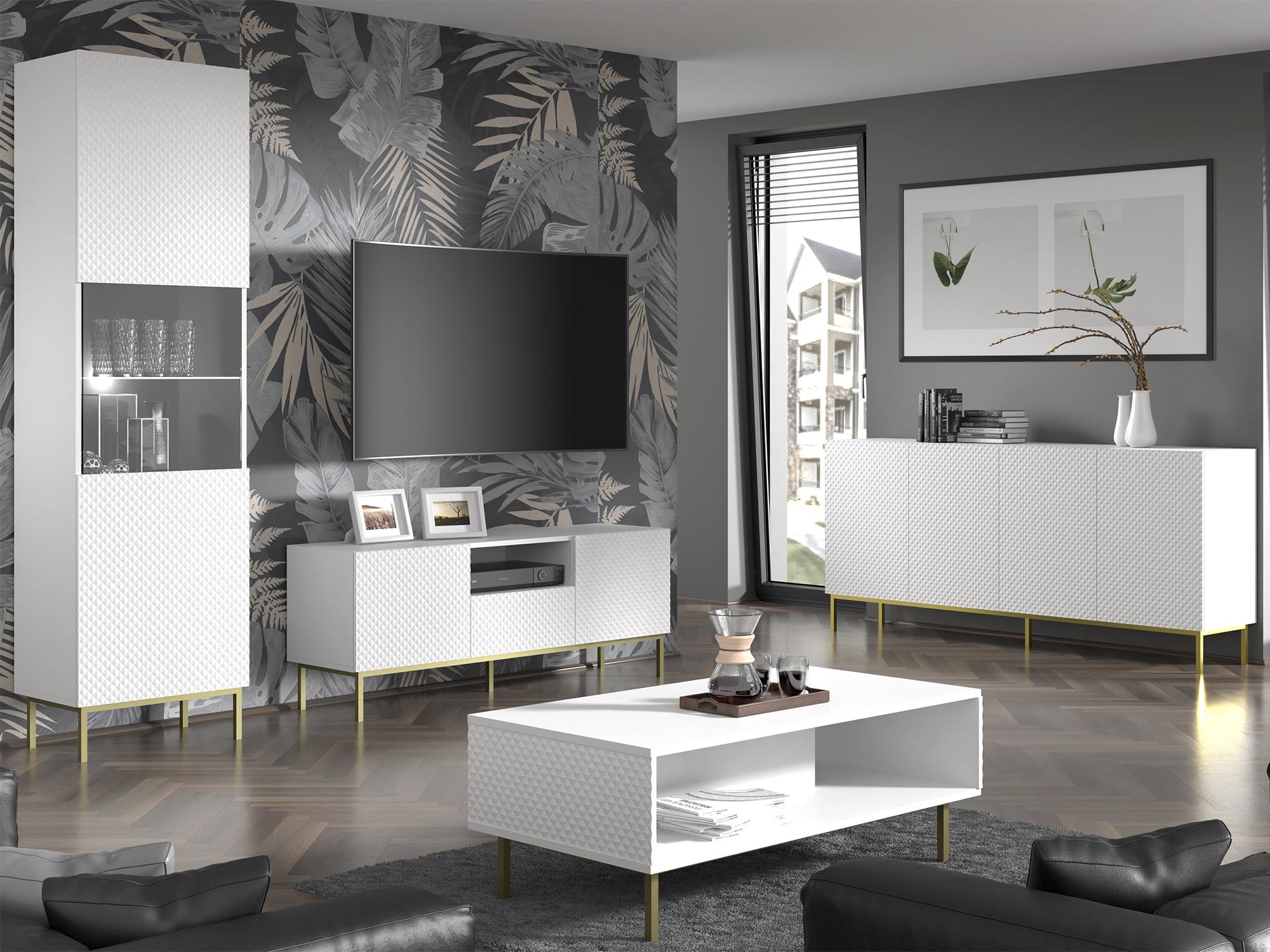 Nowoczesny salon z białymi meblami RTV, styl industrialny