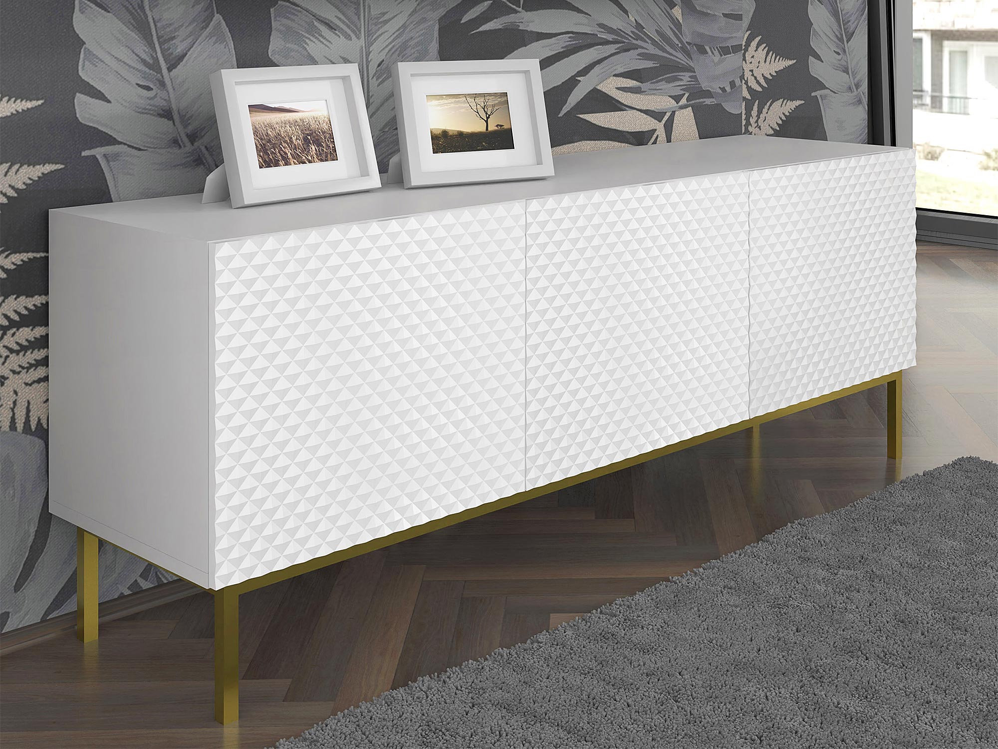 Biała komoda RTV z pionowymi listwami, styl nowoczesny Biała komoda RTV z pionowymi listwami, styl nowoczesny