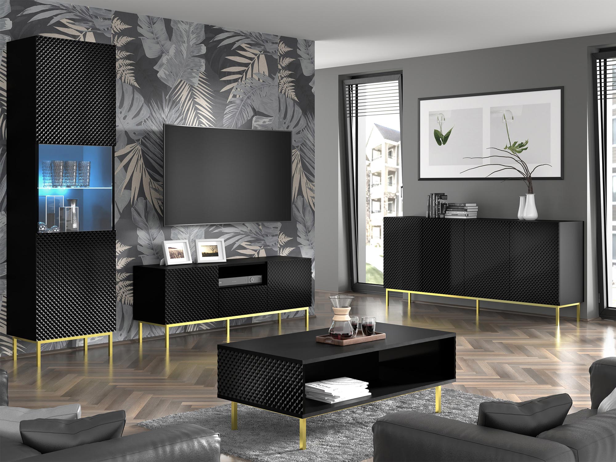 Nowoczesny salon z czarnymi meblami RTV, styl industrialny