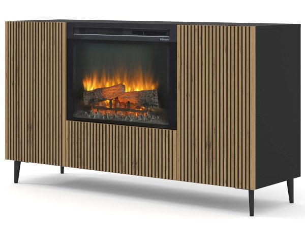 TV skříňka z kominkiem a dřevěnými čely, moderní styl