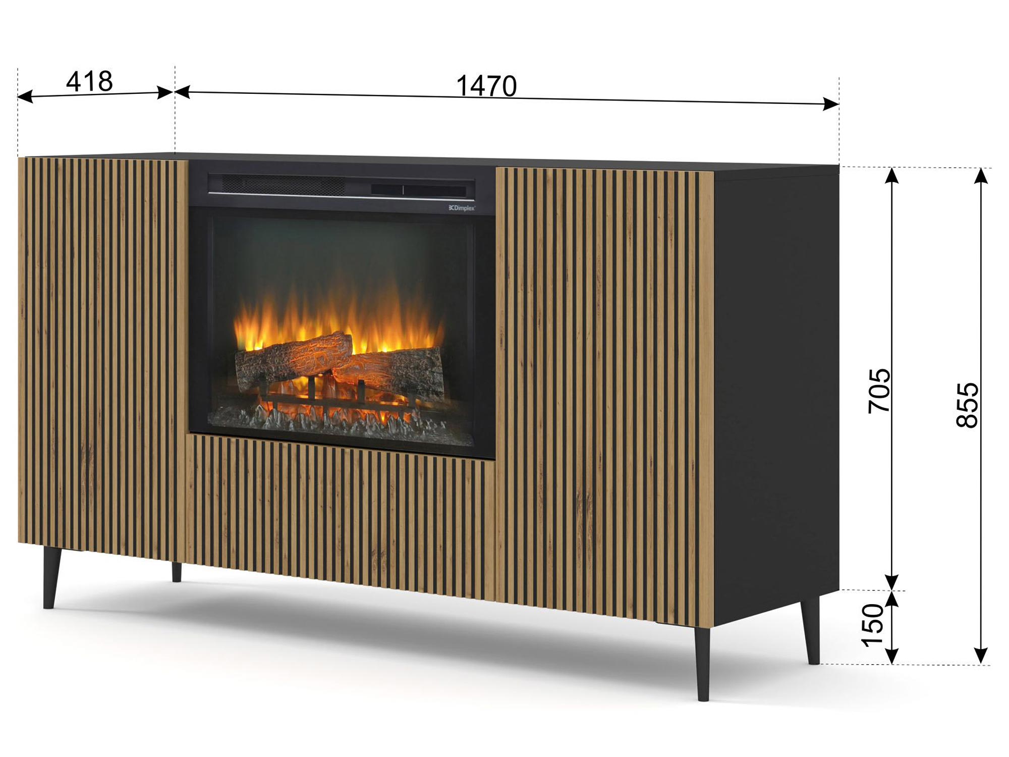 Nowoczesna czarna szafka RTV z frezowanymi frontami i kominkiem, styl industrialny Nowoczesna czarna szafka RTV z frezowanymi frontami i kominkiem, styl industrialny