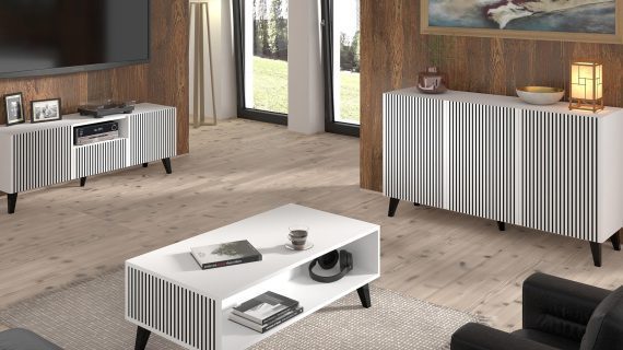 Miniaturka 4 - Przestronna biała komoda z pionowymi listwami, styl minimalistyczny
