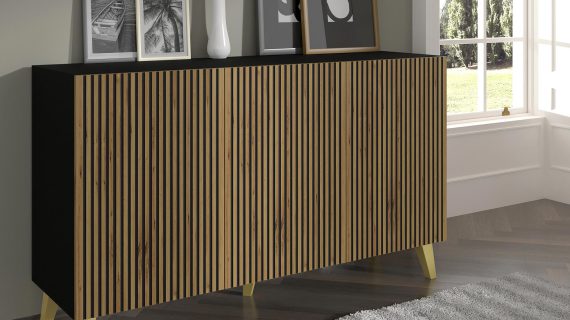 Miniaturka 12 - Drewniana komoda z czarnymi pionowymi listwami, złote nóżki, styl industrialny