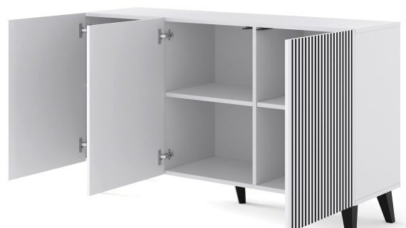 Miniaturka 2 - Biała komoda z pionowymi listwami, czarne nóżki, styl minimalistyczny