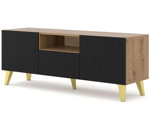 Miniatura 9 - Moderní TV skříňka z dřevěnými boky a černými čely, zlaté nožky, industriální styl