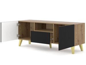 Miniatura 10 - Moderní dřevěná TV skříňka s černými čely, zlaté nožky, industriální styl