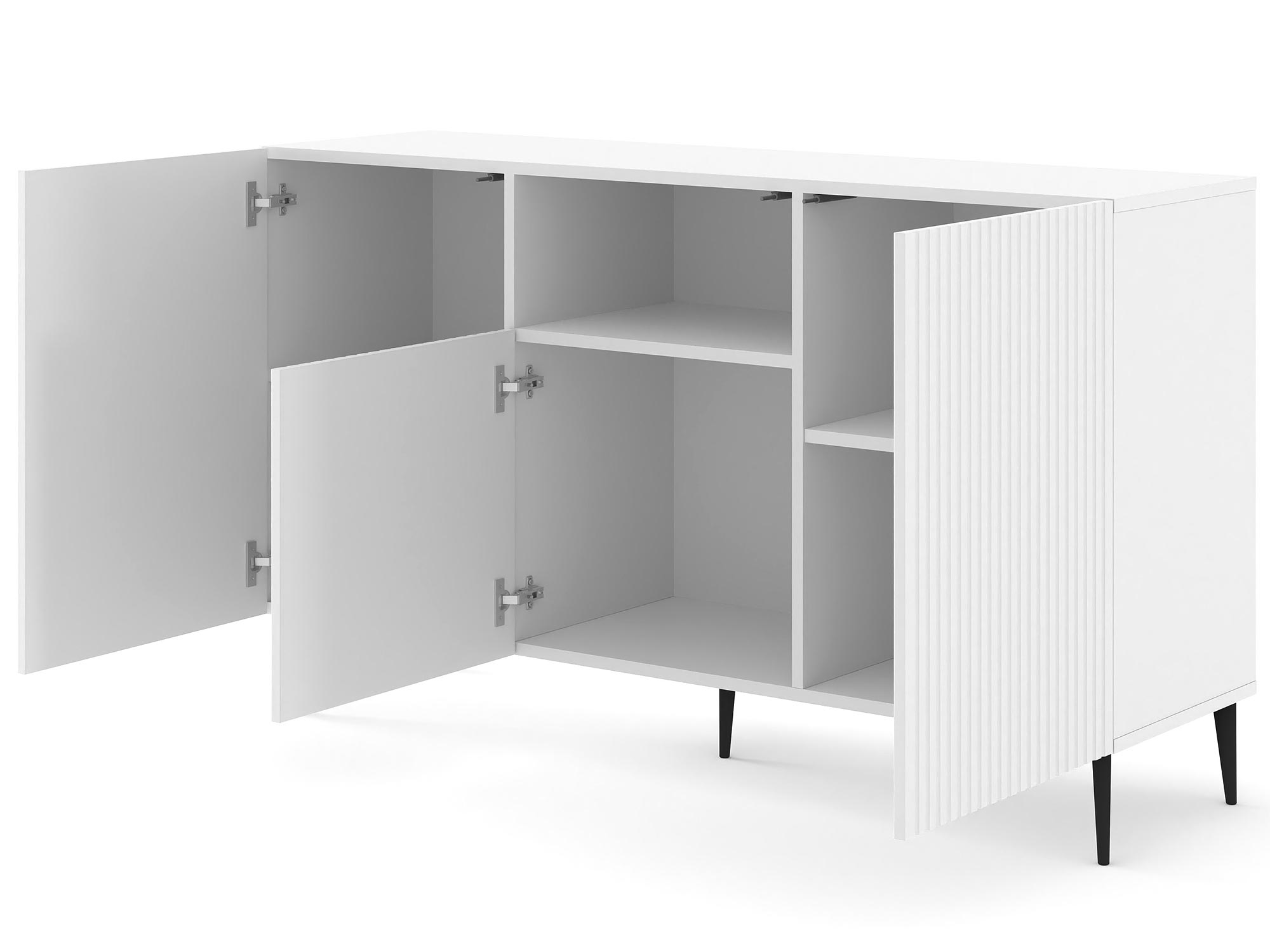 Nowoczesna biała komoda z frezowanymi frontami, czarne nóżki, styl minimalistyczny Nowoczesna biała komoda z frezowanymi frontami, czarne nóżki, styl minimalistyczny