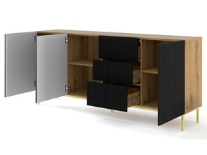 Miniatura 12 - Komoda z frézovanými černými čely, kovové nohy, moderní styl, otevřené skříňky