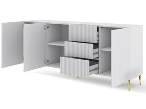 Miniatura 2 - TV skříňka s bílými frézovanými čely a policemi, kovové nohy, moderní styl
