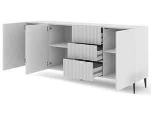 Miniatura 4 - TV skříňka s bílými frézovanými čely a policemi, kovové nohy, moderní styl