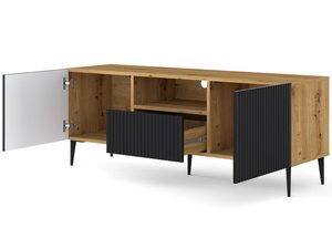 Miniatura 14 - Dřevěná TV skříňka s černými frézovanými čely, otwierane dveře, loftový styl