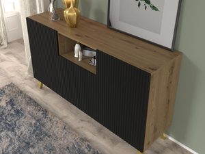 Miniaturka 12 - Nowoczesna czarna komoda z drewnianymi frontami, złote nóżki, styl industrialny